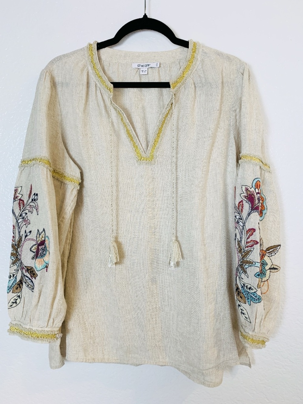 Chico's Embroidered Linen Peasant Top Womens Size12 Tunic Boho Festival Hippie - Picture 1 of 16